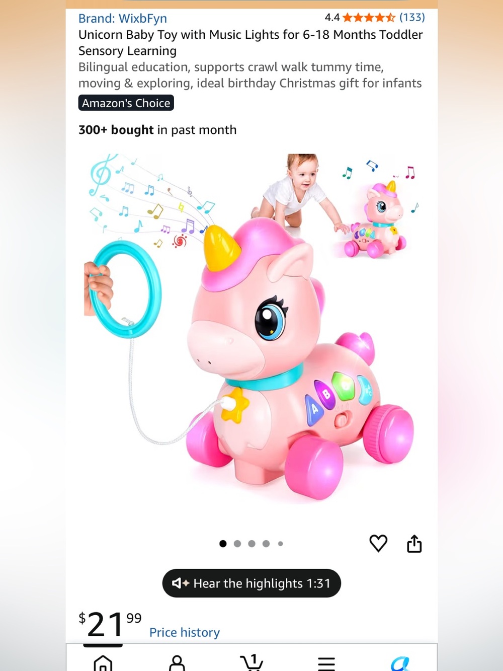 Pink Pull-Along Musical Unicorn Toy for Toddlers - Interactive ABC Lights